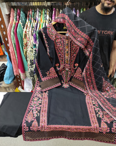 Designer Three Piece | Embroidered - Kashmiri Tanka | Premium Cotton