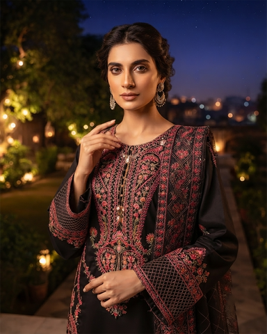 Designer Three Piece | Embroidered - Kashmiri Tanka | Premium Cotton