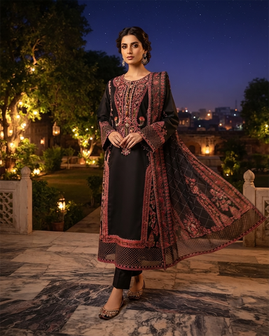 Designer Three Piece | Embroidered - Kashmiri Tanka | Premium Cotton