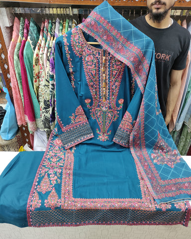 Designer Three Piece | Embroidered - Kashmiri Tanka | Premium Cotton