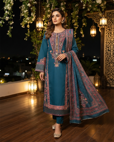 Designer Three Piece | Embroidered - Kashmiri Tanka | Premium Cotton