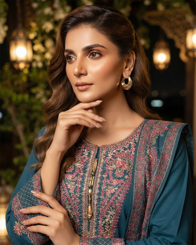 Designer Three Piece | Embroidered - Kashmiri Tanka | Premium Cotton
