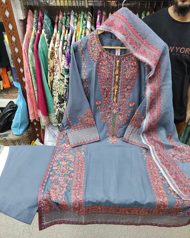 Designer Three Piece | Embroidered - Kashmiri Tanka | Premium Cotton