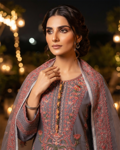 Designer Three Piece | Embroidered - Kashmiri Tanka | Premium Cotton