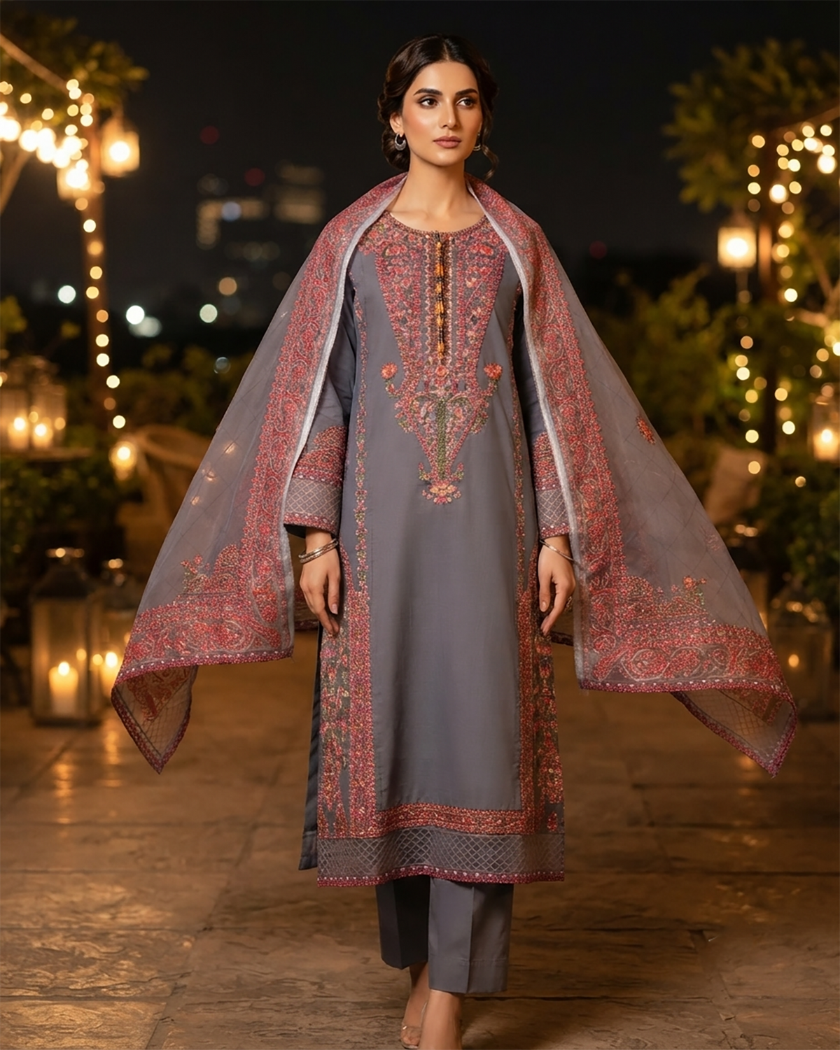 Designer Three Piece | Embroidered - Kashmiri Tanka | Premium Cotton