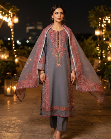 Designer Three Piece | Embroidered - Kashmiri Tanka | Premium Cotton