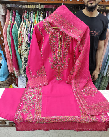Designer Three Piece | Embroidered - Kashmiri Tanka | Premium Cotton