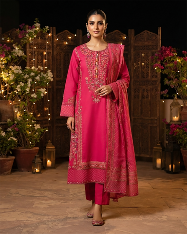 Designer Three Piece | Embroidered - Kashmiri Tanka | Premium Cotton