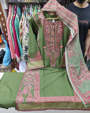 Designer Three Piece | Embroidered - Kashmiri Tanka | Premium Cotton