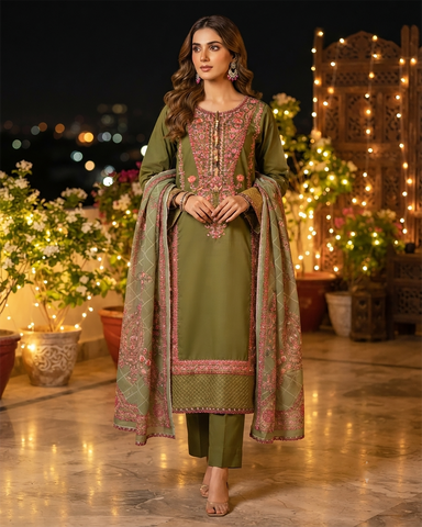 Designer Three Piece | Embroidered - Kashmiri Tanka | Premium Cotton