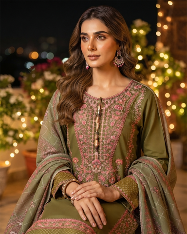 Designer Three Piece | Embroidered - Kashmiri Tanka | Premium Cotton