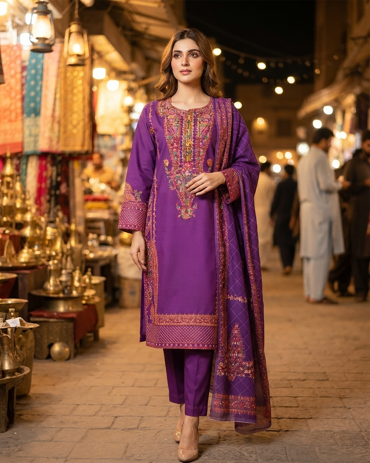 Designer Three Piece | Embroidered - Kashmiri Tanka | Premium Cotton