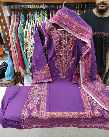 Designer Three Piece | Embroidered - Kashmiri Tanka | Premium Cotton