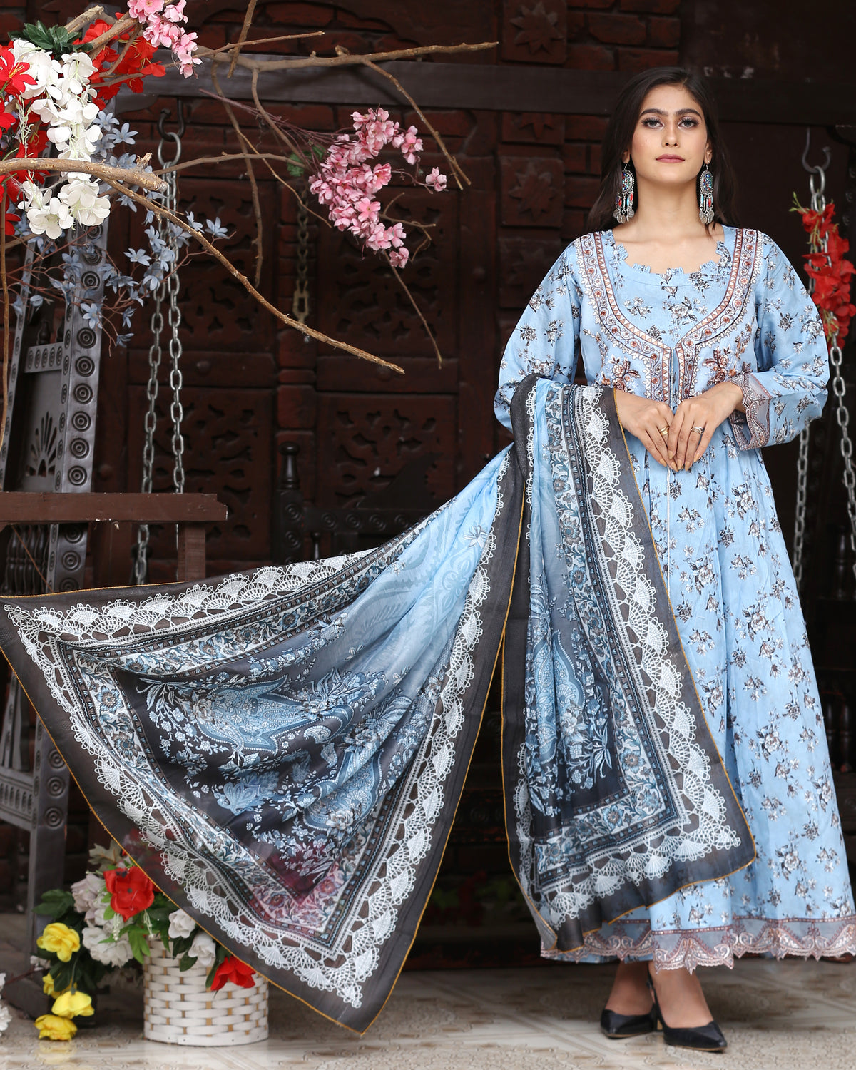 Designer Three Piece Maxi/ Frock | Floral Printed | Winter Cotton