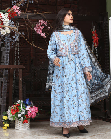 Designer Three Piece Maxi/ Frock | Floral Printed | Winter Cotton