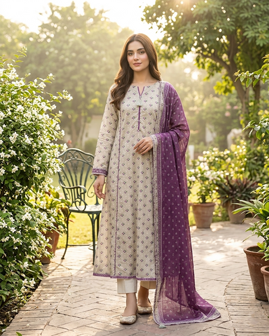 Printed Three Piece | Desginer Long Frock - Areej Casual | Premium Lawn