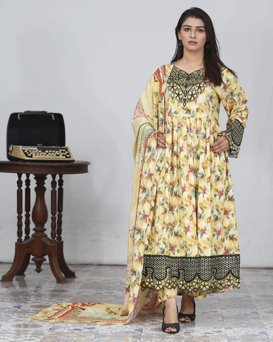 Designer Embroidered Three Piece Maxi/ Frock | Floral Printed | Bana Dora Marina