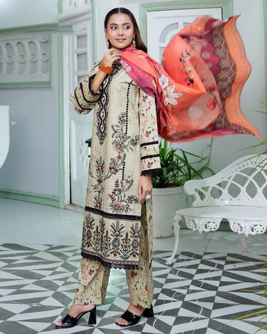 Designer Three Piece | Digital Printed Embroidered | Premium Khaddar