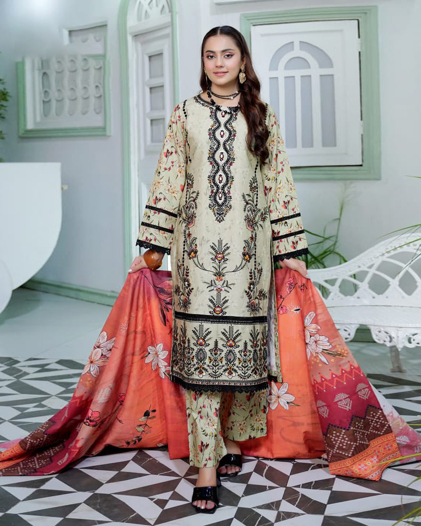 Designer Three Piece | Digital Printed Embroidered | Premium Khaddar