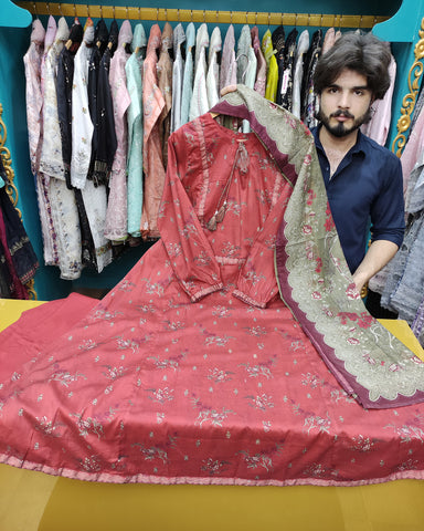 Printed Three Piece | Desginer Long Frock - Areej Casual | Premium Lawn