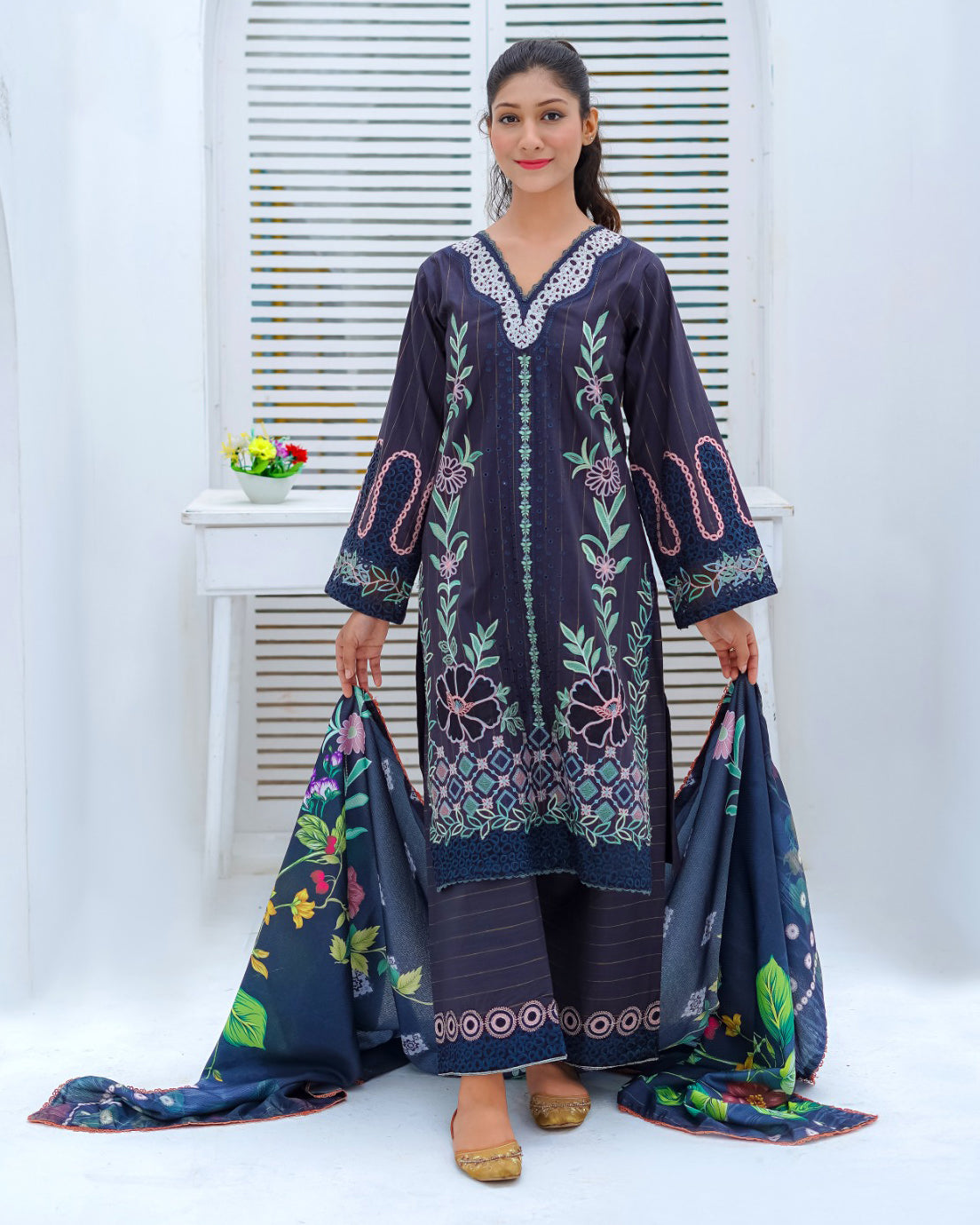 Designer Three Piece | Long Shirt | Embroidered Series