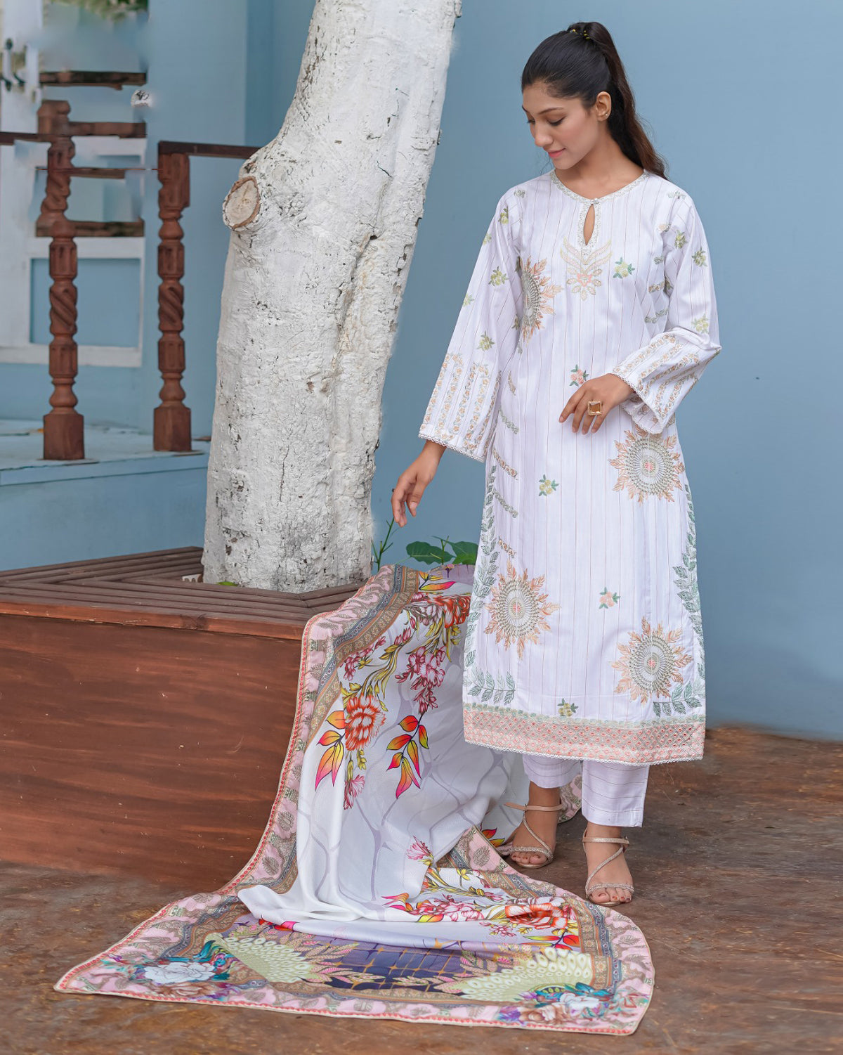 Designer Three Piece | Long Shirt | Embroidered Series