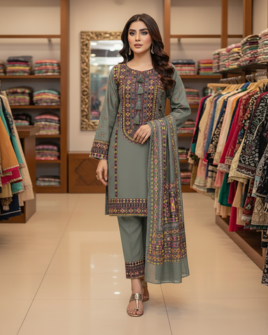 Designer Three Piece | Chilli Milli | Khaddar / Winter Cotton