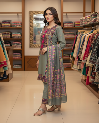 Designer Three Piece | Chilli Milli | Khaddar / Winter Cotton