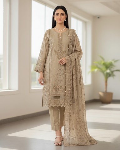 Designer Three Pieces | Inverted Heart | Winter Doria Self Cotton