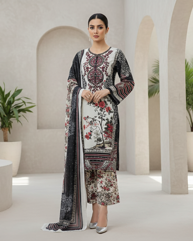Designer Printed Three Piece | Embroidered - Nadia | Corduroy Khaddar
