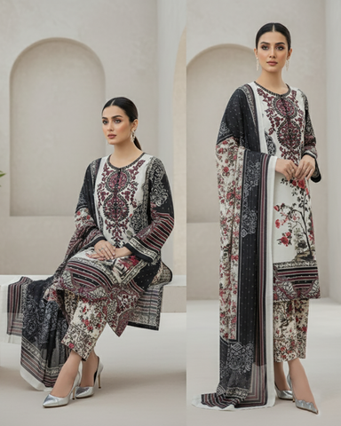 Designer Printed Three Piece | Embroidered - Nadia | Corduroy Khaddar