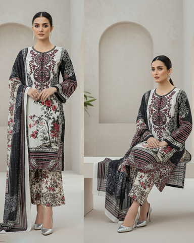 Designer Printed Three Piece | Embroidered - Nadia | Corduroy Khaddar