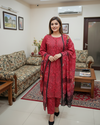 Designer Three Piece | Embroidered Printed - Honey Jaal | Winter Cotton