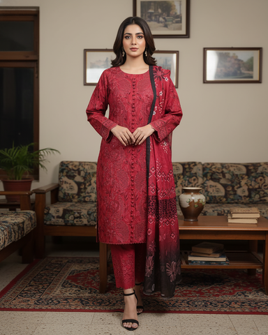 Designer Three Piece | Embroidered Printed - Honey Jaal | Winter Cotton
