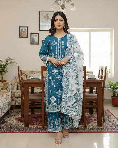 Designer Three Piece | Embroidered Betaab Long | Winter Khaddar