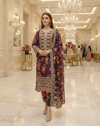 Designer Three Piece | Embroidered - Nimra | Pure Silk
