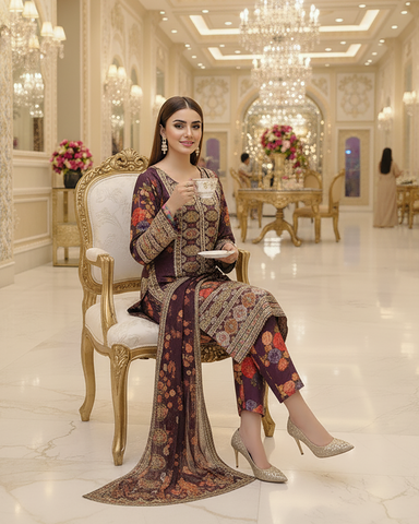 Designer Three Piece | Embroidered - Nimra | Pure Silk