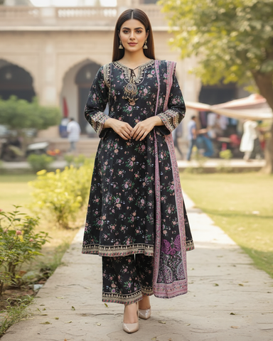 Designer Three Piece | Embroidered - A-Line Frock| Khaddar