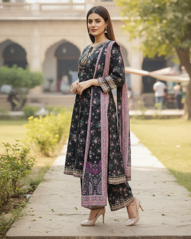 Designer Three Piece | Embroidered - A-Line Frock| Khaddar
