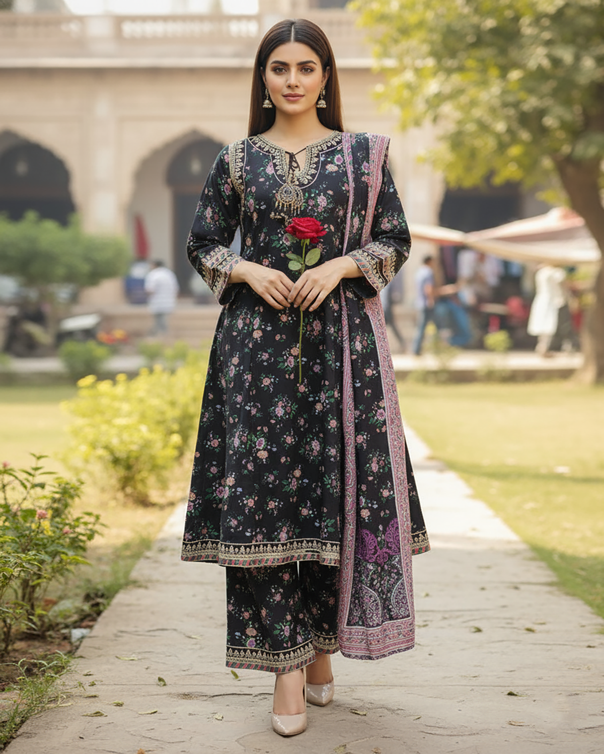 Designer Three Piece | Embroidered - A-Line Frock| Khaddar