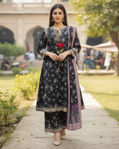 Designer Three Piece | Embroidered - A-Line Frock| Khaddar