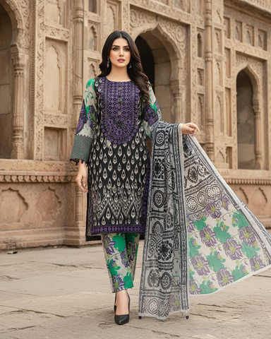 Designer Printed Three Piece | Embroidered - Sadia | Corduroy Khaddar