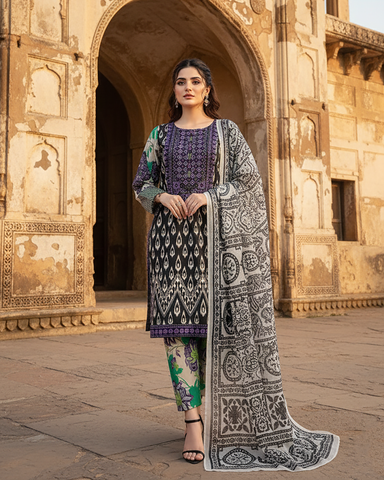 Designer Printed Three Piece | Embroidered - Sadia | Corduroy Khaddar