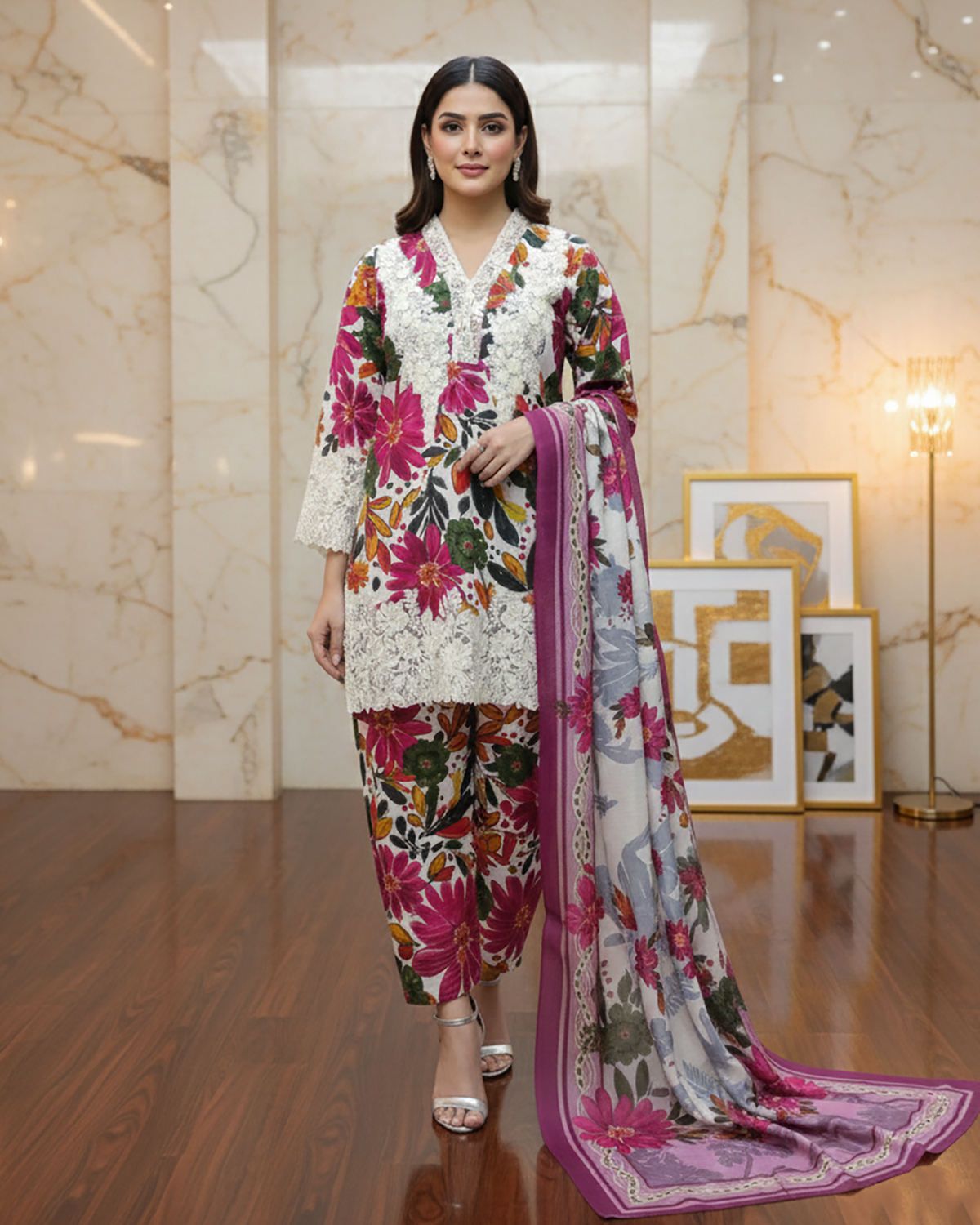 Designer Printed Three Piece | Embroidered - Iqra | Corduroy