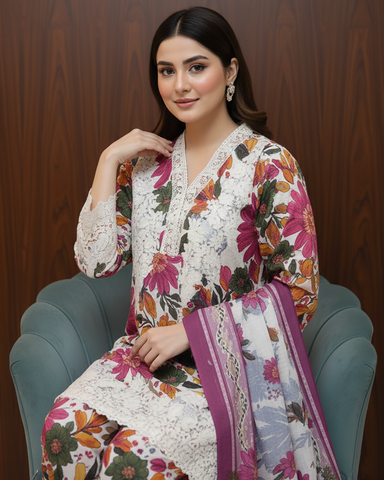 Designer Printed Three Piece | Embroidered - Iqra | Corduroy
