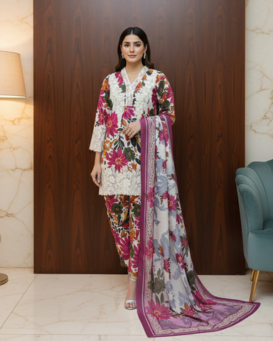 Designer Printed Three Piece | Embroidered - Iqra | Corduroy