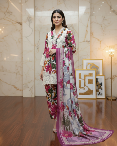 Designer Printed Three Piece | Embroidered - Iqra | Corduroy