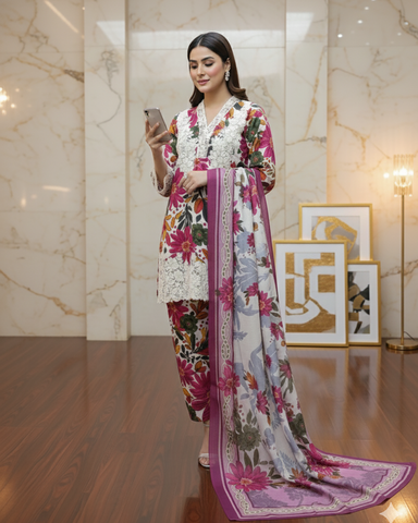 Designer Printed Three Piece | Embroidered - Iqra | Corduroy