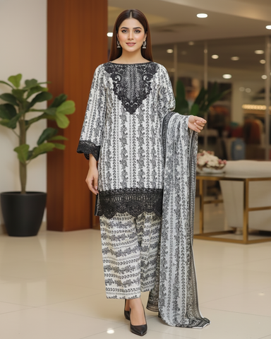 Designer Printed Three Piece | Embroidered - Iqra | Corduroy