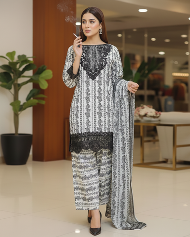 Designer Printed Three Piece | Embroidered - Iqra | Corduroy